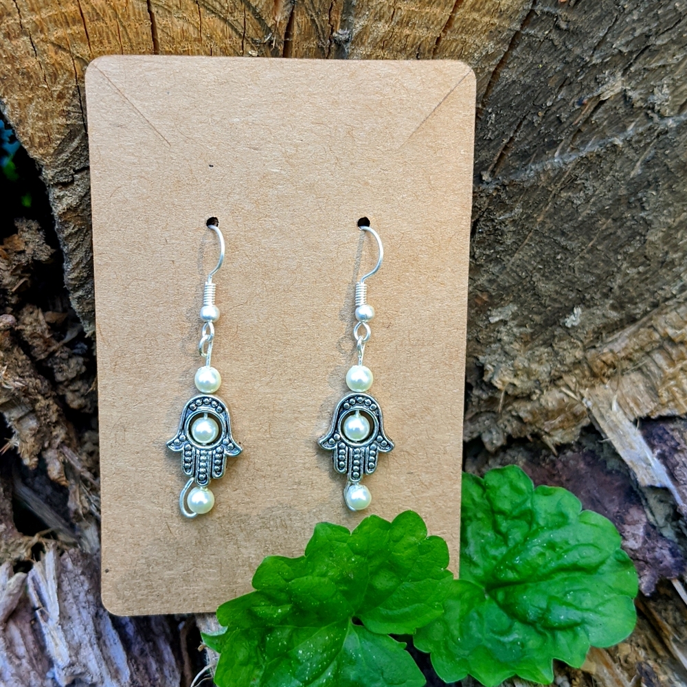Hamsa Hand Glass Pearl Earrings